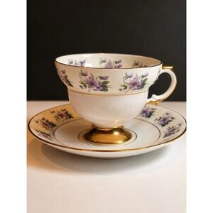 Rosina Fine Bone China England Purple Violet Teacup Saucer Gold Trim VTG